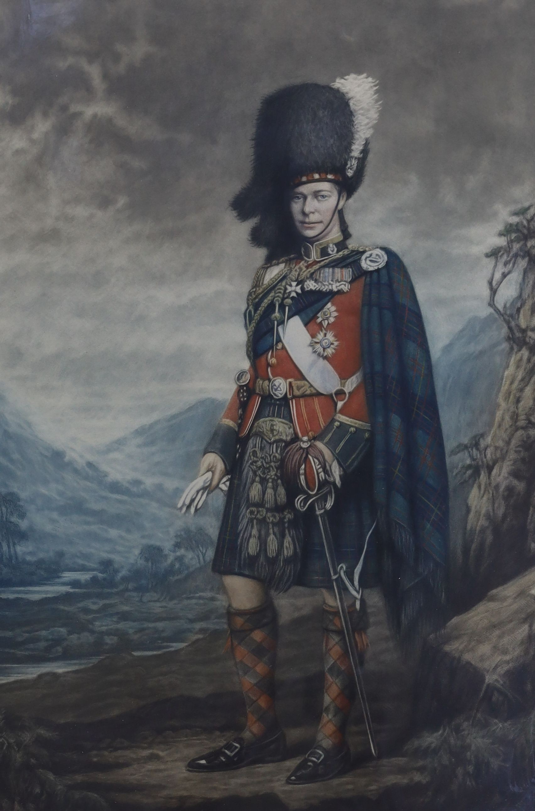 H. Macbeth-Raeburn, colour mezzotint, HRH The Prince of Wales in Highland Regimental Uniform, signed in pencil and dated 1937, 64 x 42cm